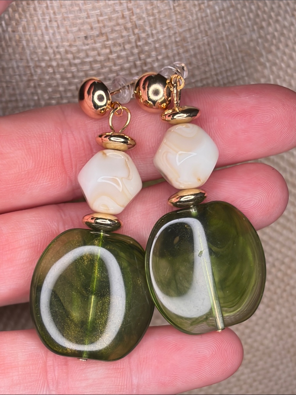 Gold-Tone Olive Green Glass Drop Earrings with Cream Bead